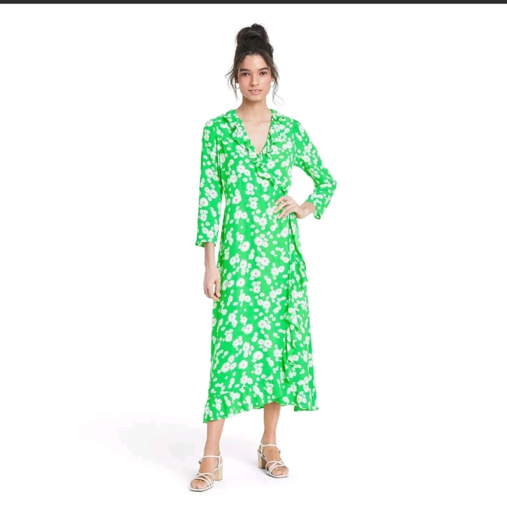 Rixo Daisy 3/4 Sleeve Ruffle Wrap Dress
